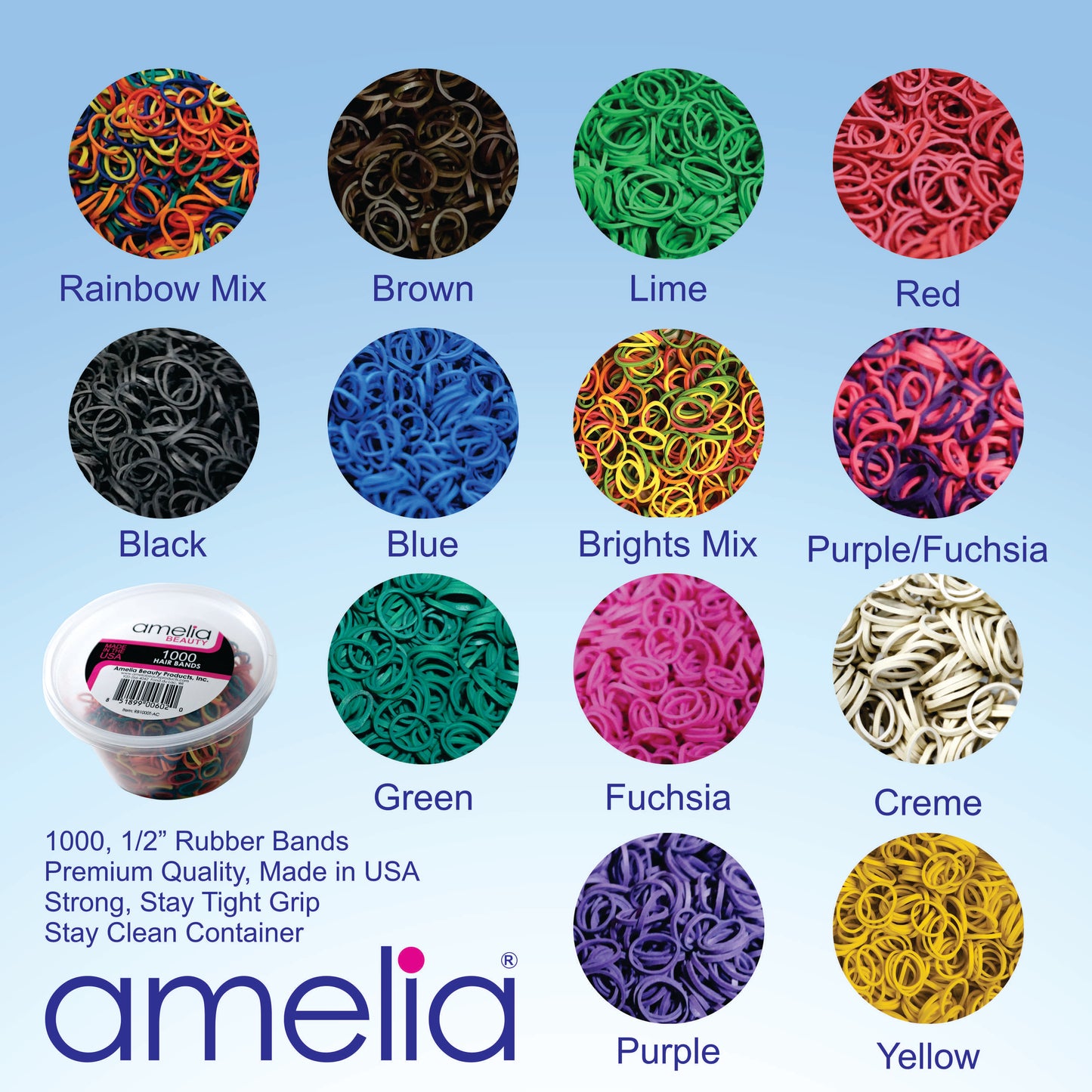 Amelia Beauty | 1/2in, Rainbow Mix, Elastic Rubber Band Pony Tail Holders | Made in USA, Ideal for Ponytails, Braids, Twists, Dreadlocks, Styling Accessories for Women, Men and Girls | 1000 Pack
