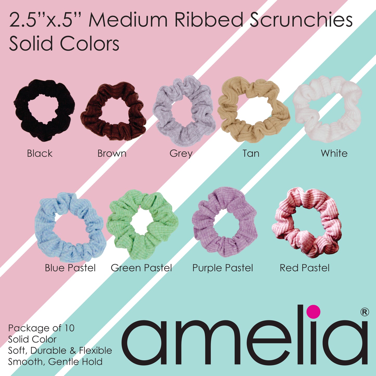 Amelia Beauty, Medium Black Ribbed Scrunchies, 2.5in Diameter, Gentle on Hair, Strong Hold, No Snag, No Dents or Creases. 10 Pack
