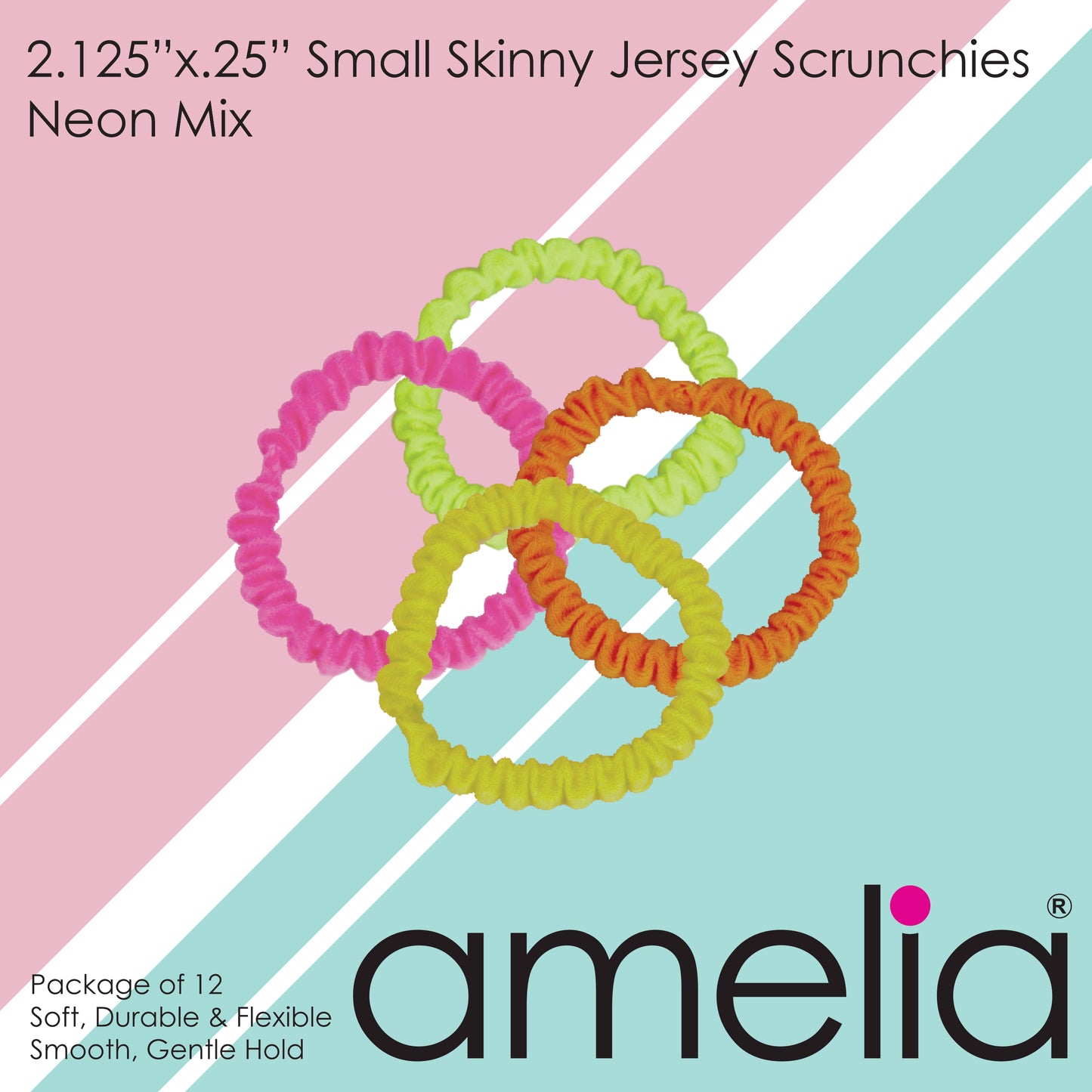 Amelia Beauty, Neon Mix Skinny Jersey Scrunchies, 2.125in Diameter, Gentle on Hair, Strong Hold, No Snag, No Dents or Creases. 12 Pack