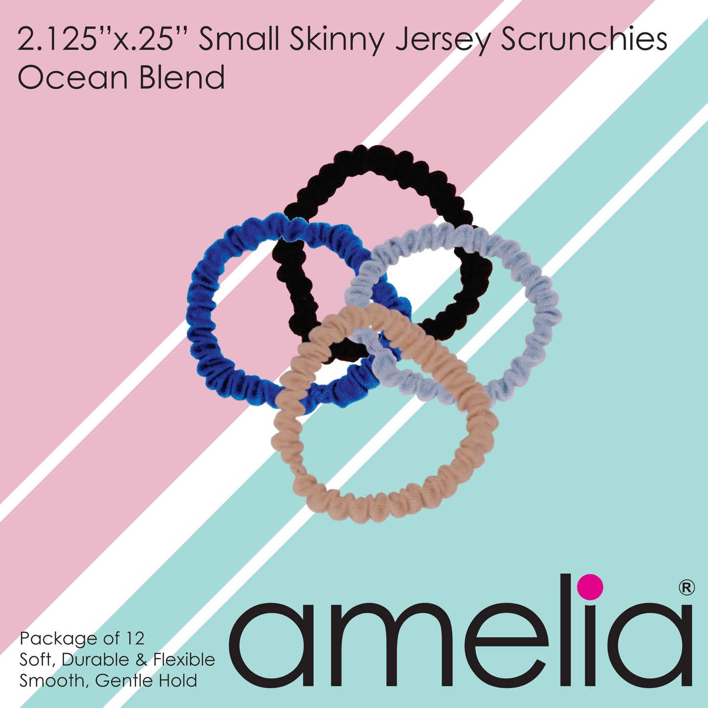 Amelia Beauty, Ocean Blend Skinny Jersey Scrunchies, 2.125in Diameter, Gentle on Hair, Strong Hold, No Snag, No Dents or Creases. 12 Pack