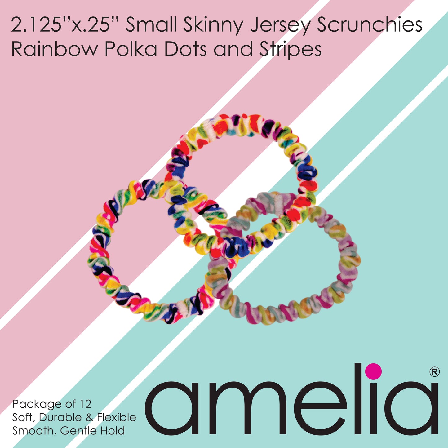 Amelia Beauty, Polka Dot and Stripe Mix Skinny Jersey Scrunchies, 2.125in Diameter, Gentle on Hair, Strong Hold, No Snag, No Dents or Creases. 12 Pack