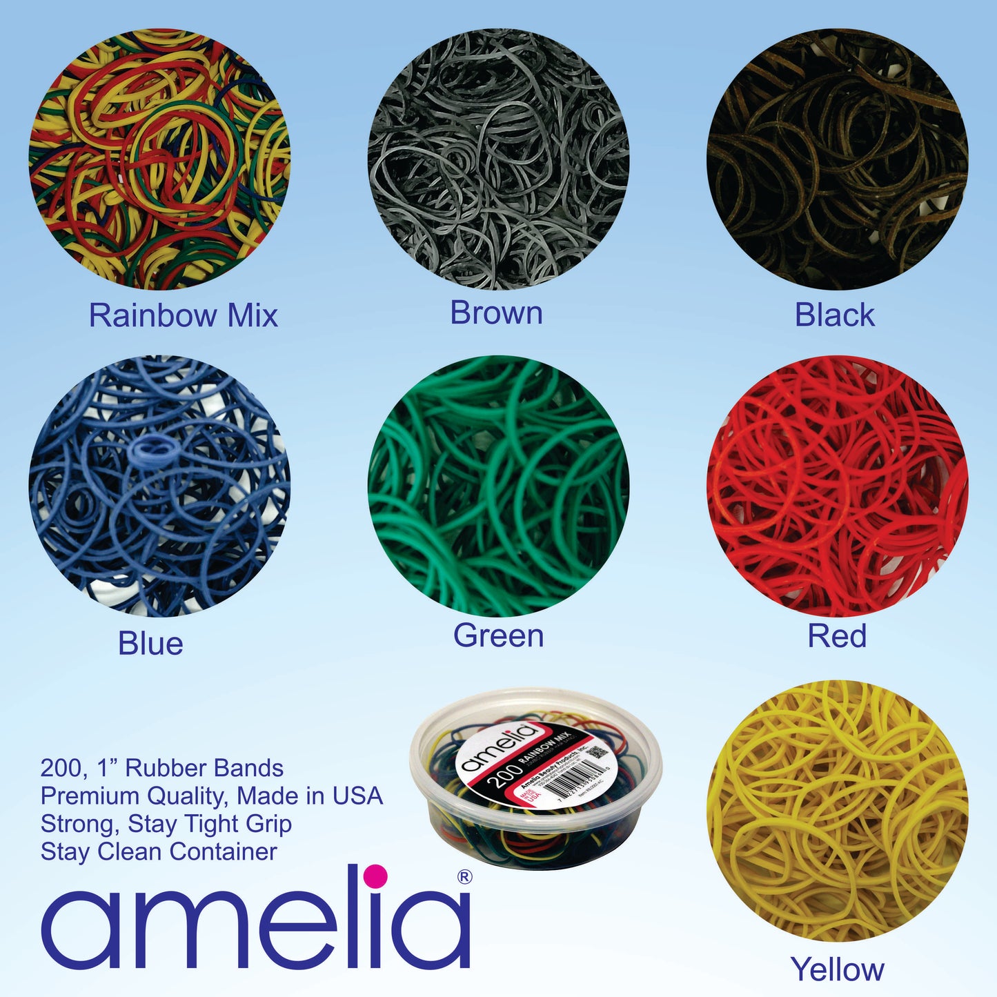 200 Jumbo 1" Blue Rubber Bands for Hair | Extra Strong Ponytail Holders for Braids, Buns & Thick Hair | Made in USA | 200 Count Bulk Pack