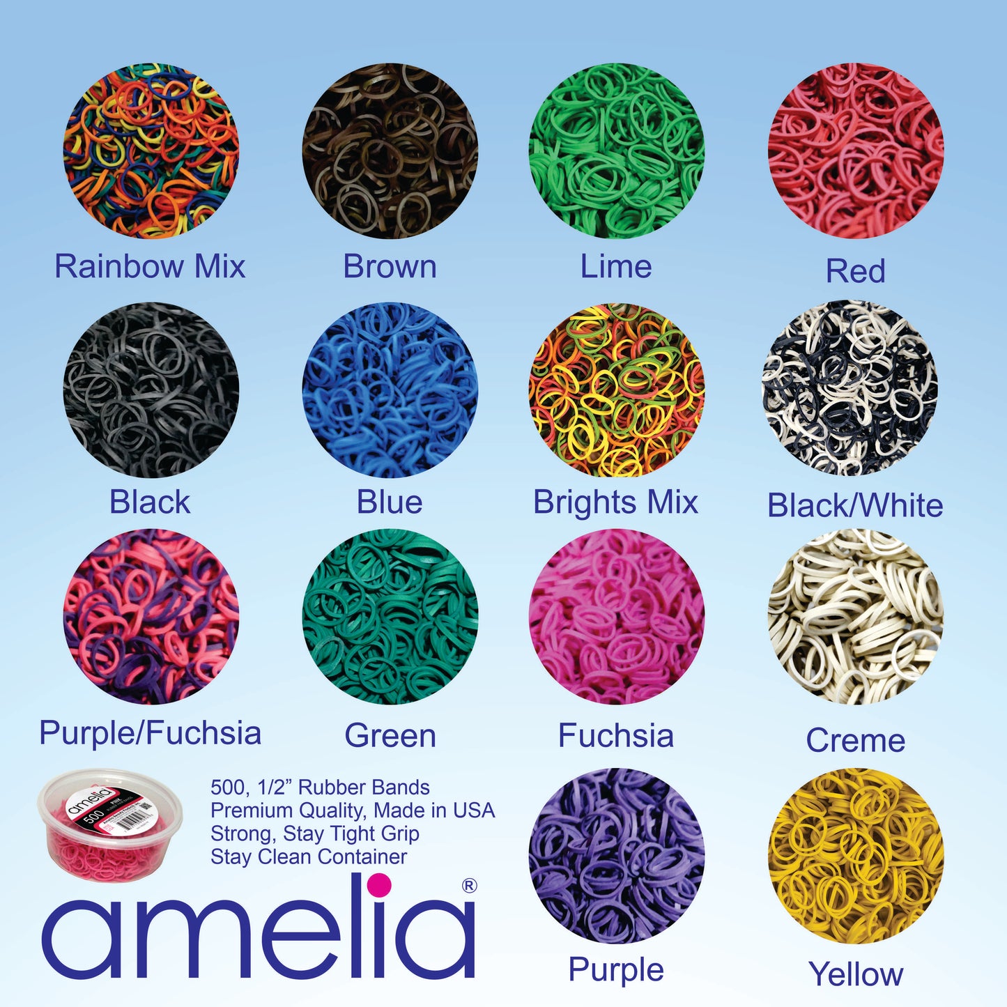 Amelia Beauty | 1/2in, 500ct Elastic Rubber Band Pony Tail Holders | Made in USA | Dozen Pack