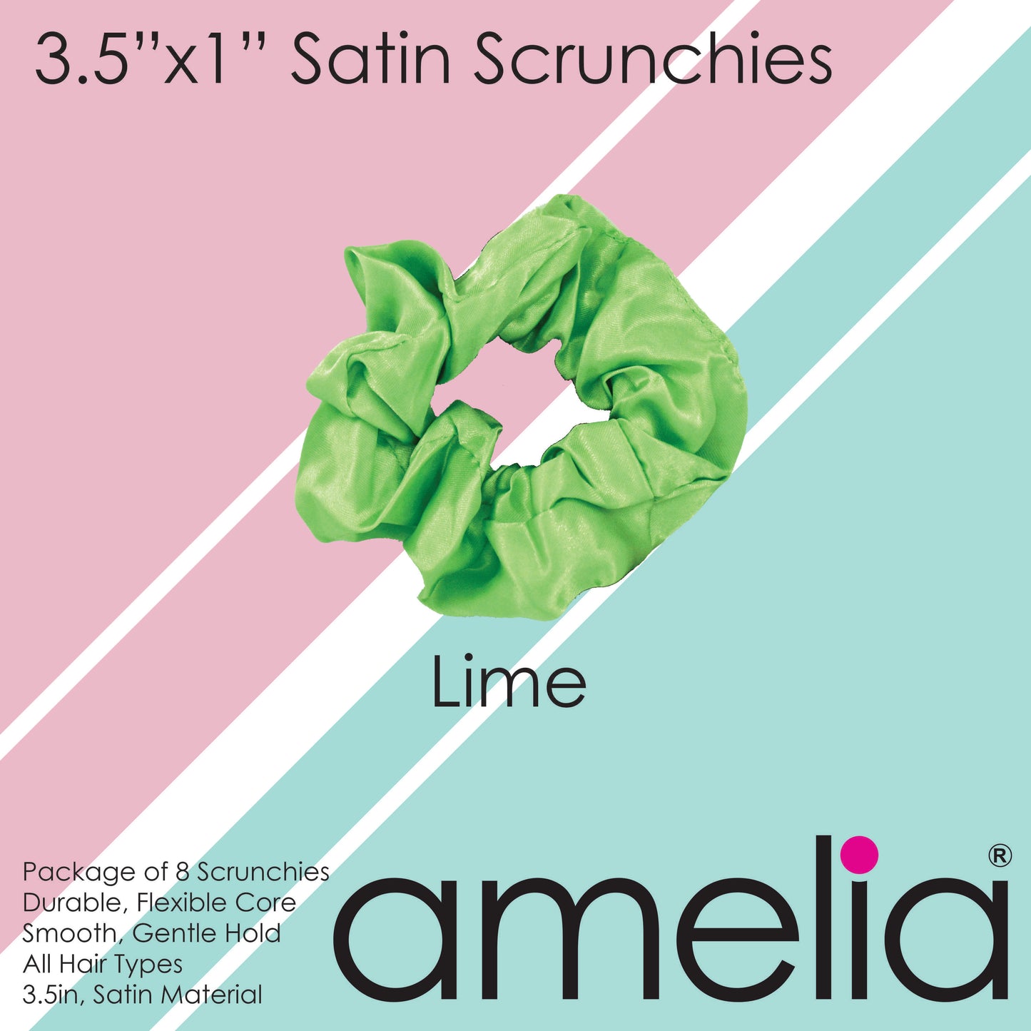 Amelia Beauty Products, Lime Satin Scrunchies, 3.5in Diameter, Gentle on Hair, Strong Hold, No Snag, No Dents or Creases. 8 Pack