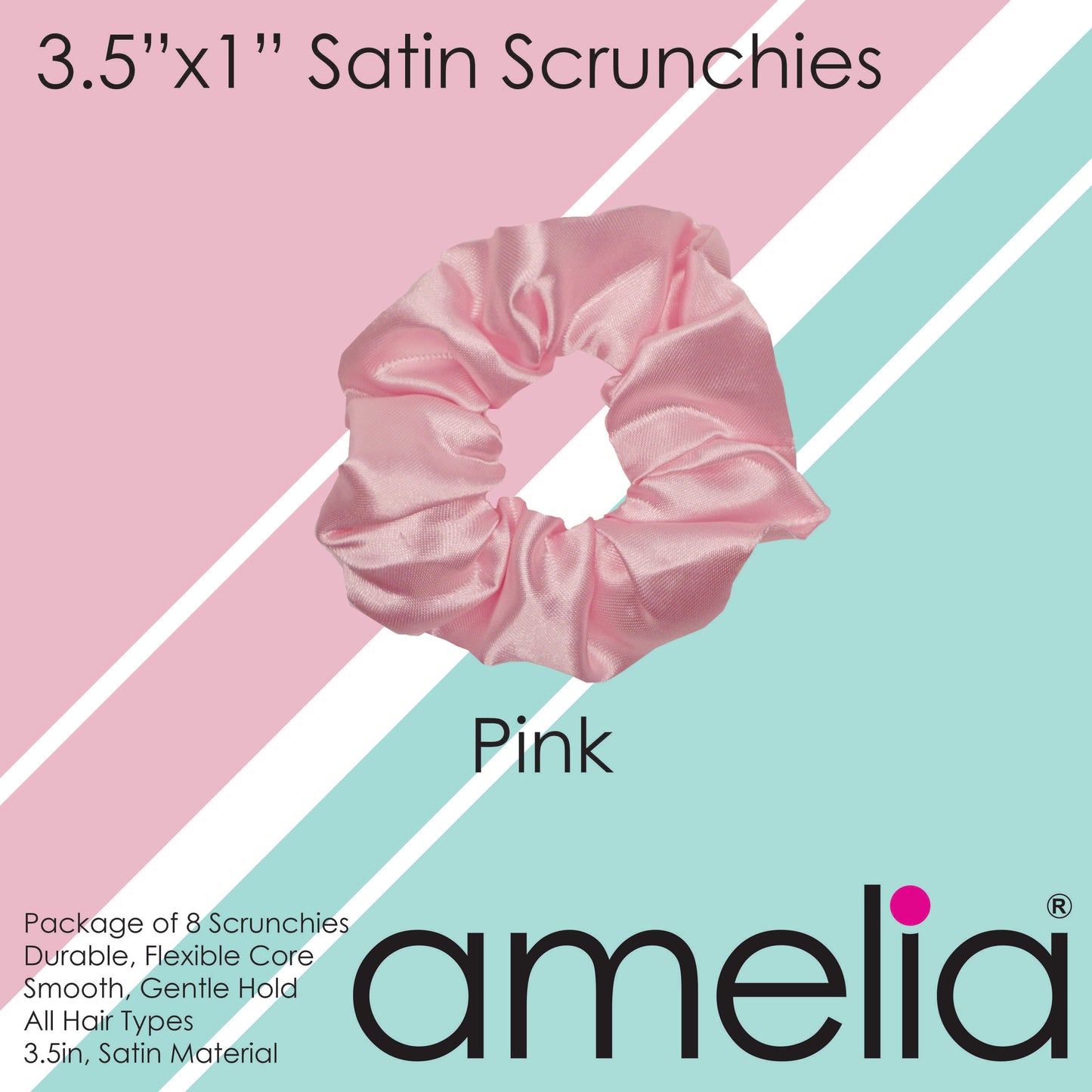 Amelia Beauty Products, Pink Satin Scrunchies, 3.5in Diameter, Gentle on Hair, Strong Hold, No Snag, No Dents or Creases. 8 Pack
