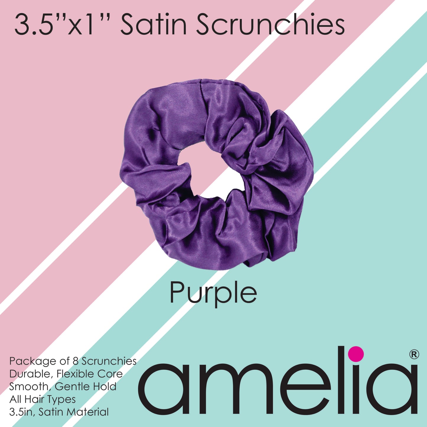 Amelia Beauty Products, Purple Satin Scrunchies, 3.5in Diameter, Gentle on Hair, Strong Hold, No Snag, No Dents or Creases. 8 Pack