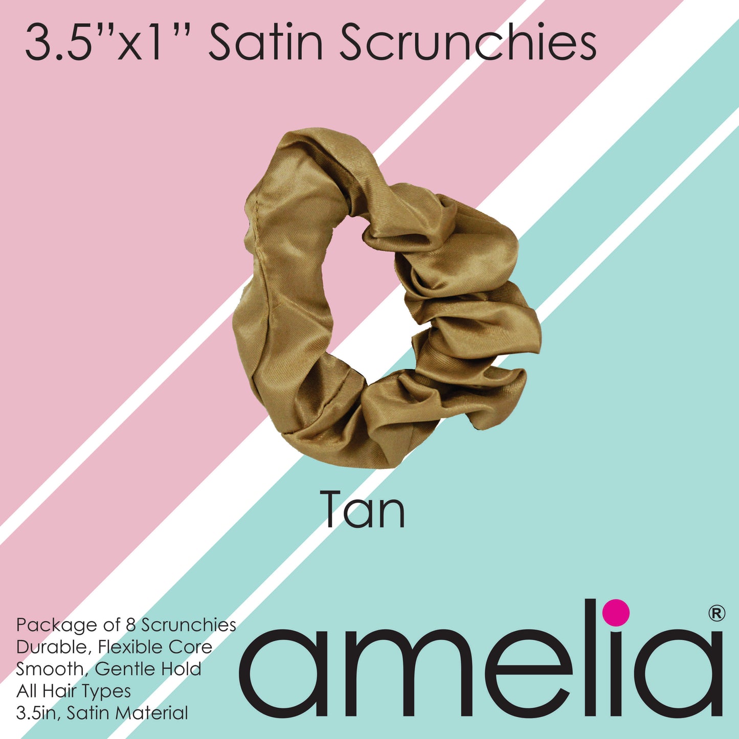 Amelia Beauty Products, Tan Satin Scrunchies, 3.5in Diameter, Gentle on Hair, Strong Hold, No Snag, No Dents or Creases. 8 Pack