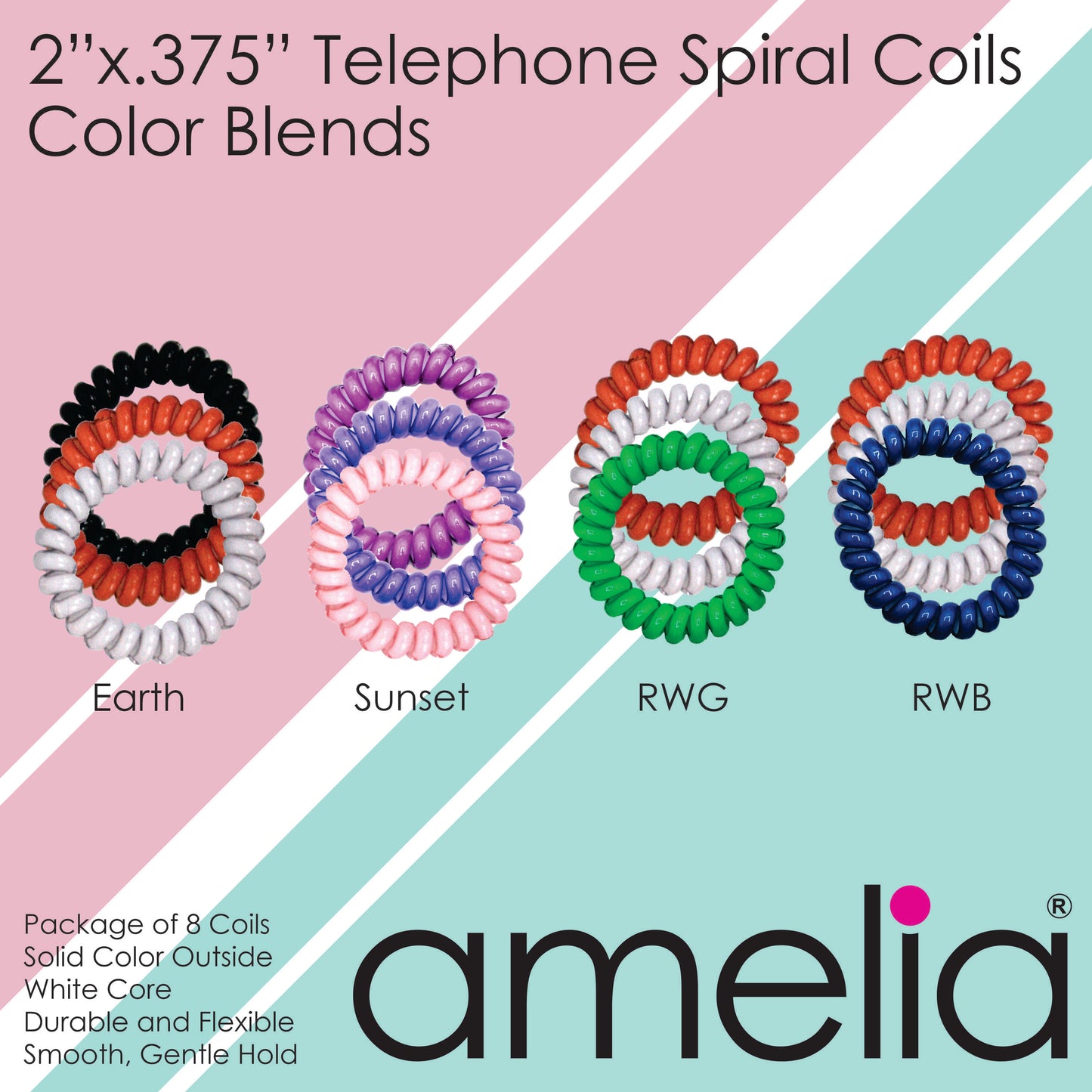 Amelia Beauty Products 8 Medium Elastic Hair Coils, 2.0in Diameter Thick Spiral Hair Ties, Gentle on Hair, Strong Hold and Minimizes Dents and Creases, Earth Tones Blend