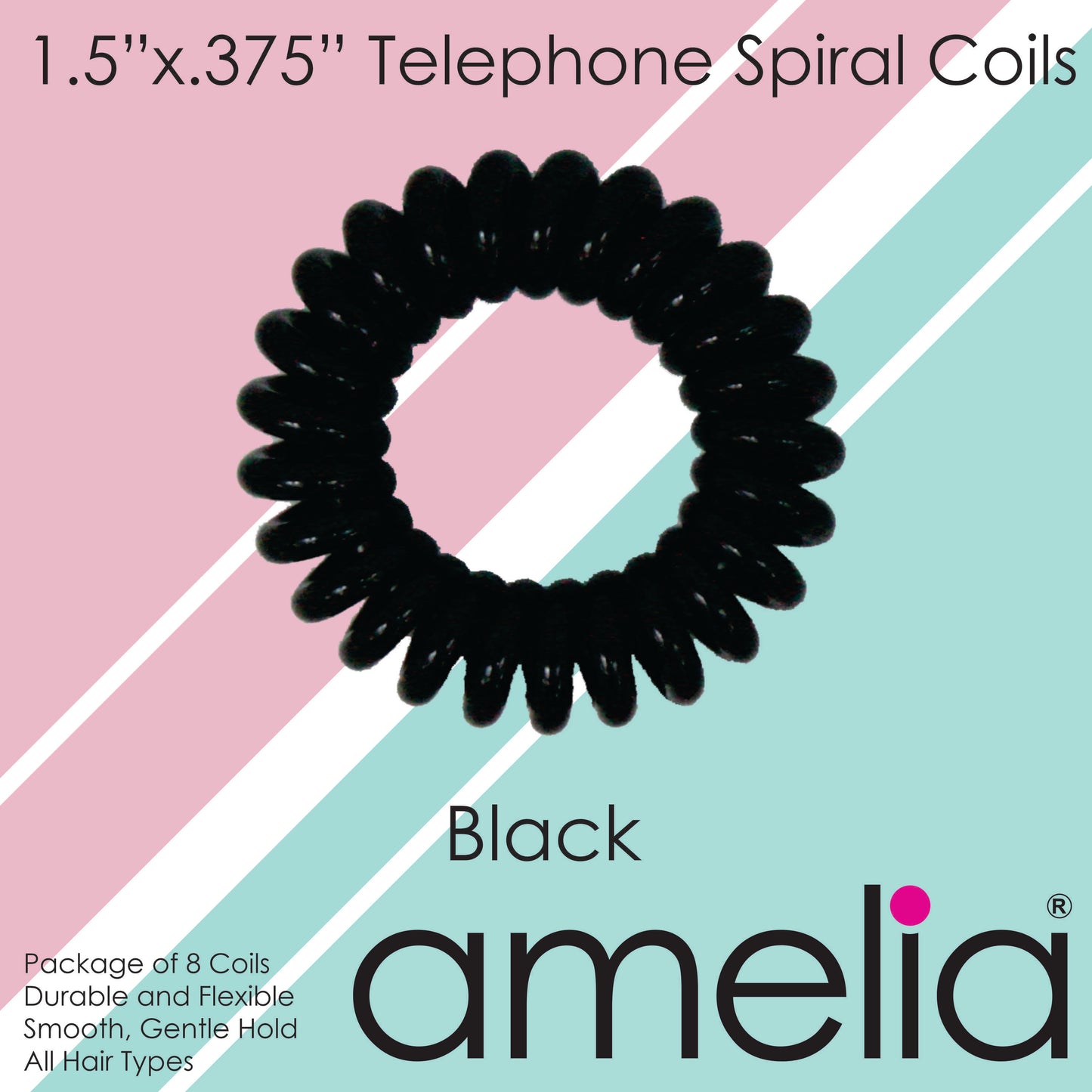 Amelia Beauty Products 8 Small Elastic Hair Coils, 1.5in Diameter Thick Spiral Hair Ties, Gentle on Hair, Strong Hold and Minimizes Dents and Creases, Black