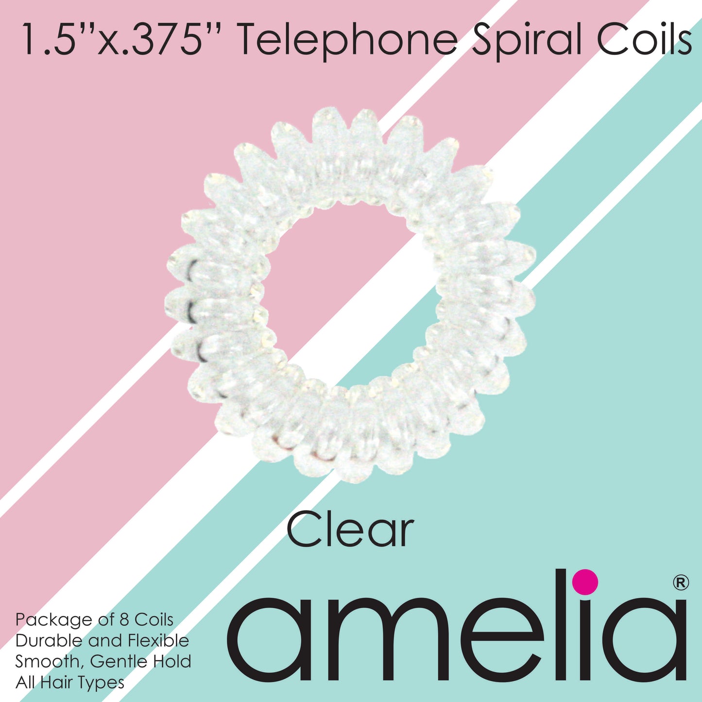 Amelia Beauty Products 8 Small Elastic Hair Coils, 1.5in Diameter Thick Spiral Hair Ties, Gentle on Hair, Strong Hold and Minimizes Dents and Creases, Clear