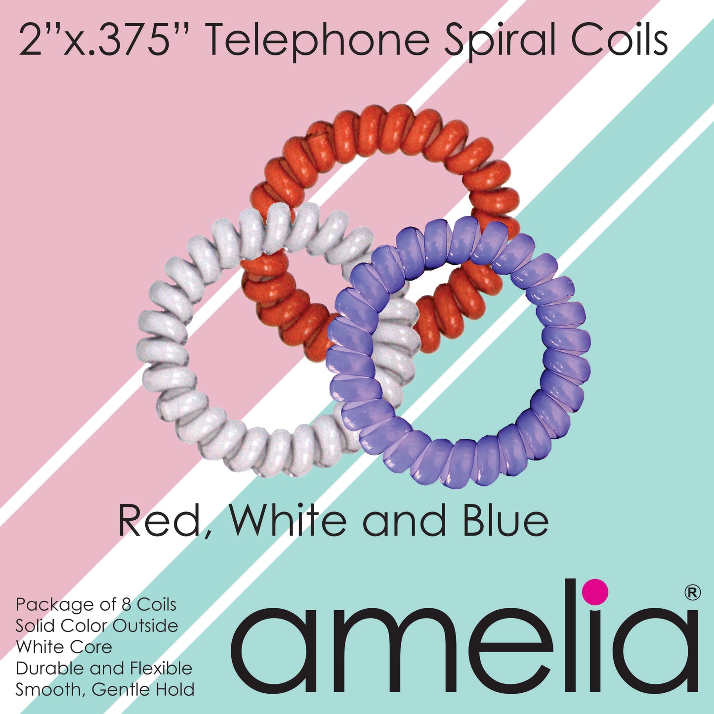 Amelia Beauty Products 8 Medium Elastic Hair Coils, 2.0in Diameter Thick Spiral Hair Ties, Gentle on Hair, Strong Hold and Minimizes Dents and Creases, Red, White and Blue Mix