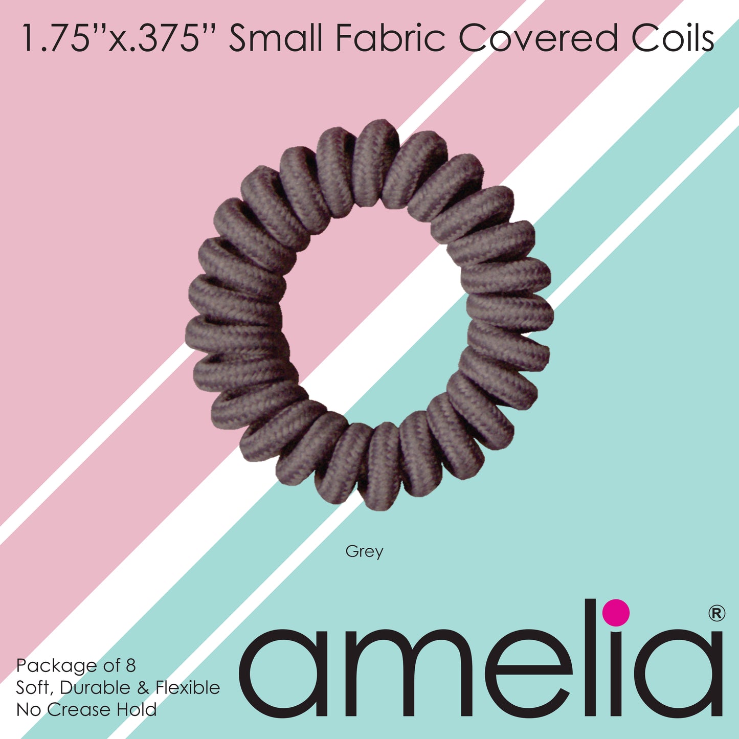 Amelia Beauty, 8 Small Fabric Wrapped Elastic Hair Coils, 1.75in Diameter Spiral Hair Ties, Gentle on Hair, Strong Hold and Minimizes Dents and Creases, Grey