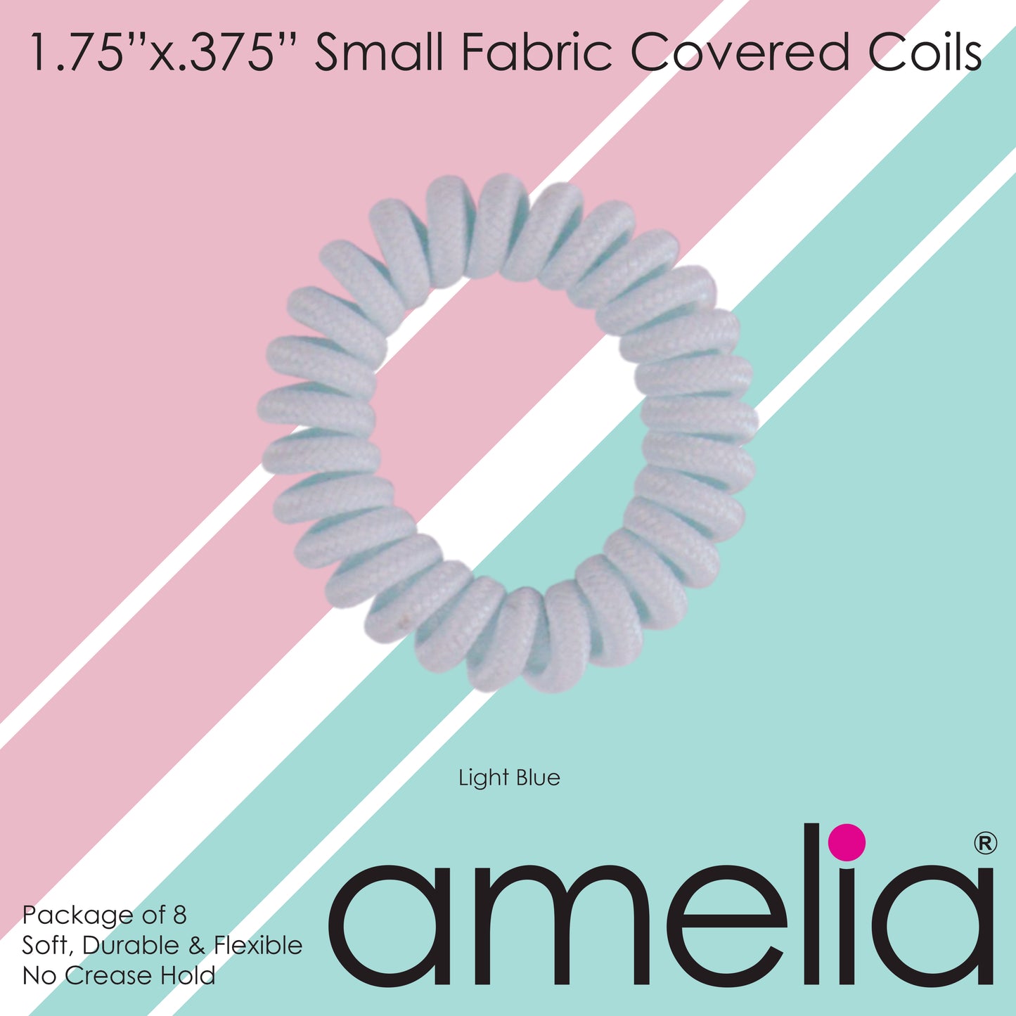 Amelia Beauty, 8 Small Fabric Wrapped Elastic Hair Coils, 1.75in Diameter Spiral Hair Ties, Gentle on Hair, Strong Hold and Minimizes Dents and Creases, Light Blue
