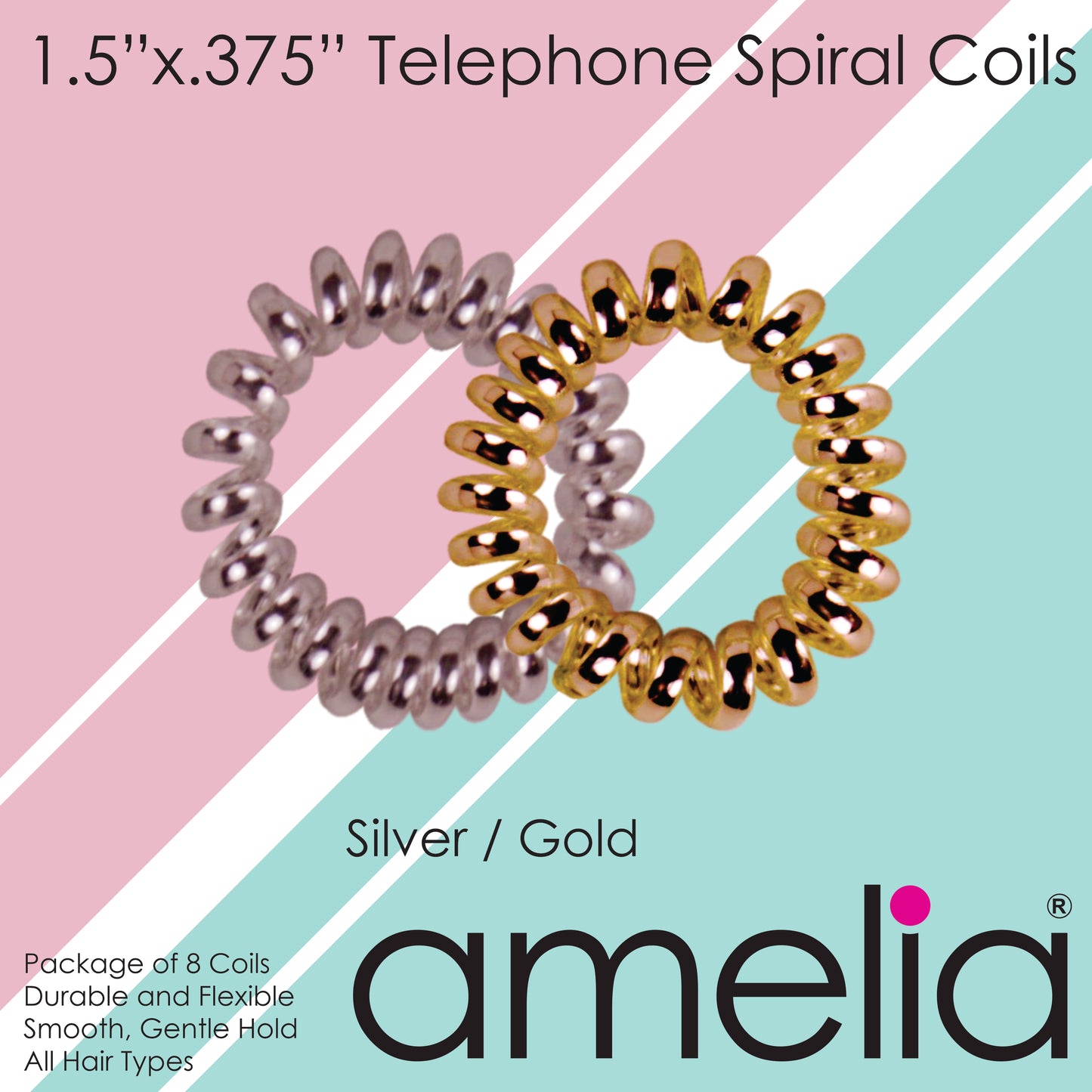 Amelia Beauty, 8 Small Shinny Elastic Hair Telephone Cord Coils, 1.5in Diameter Spiral Hair Ties, Strong Hold, Gentle on Hair, Silver and Gold Mix