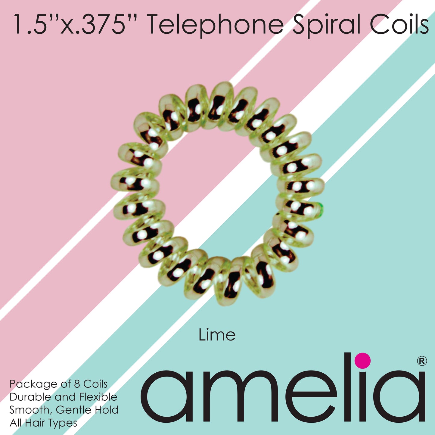 Amelia Beauty, 8 Small Shinny Elastic Hair Telephone Cord Coils, 1.5in Diameter Spiral Hair Ties, Strong Hold, Gentle on Hair, Lime Green