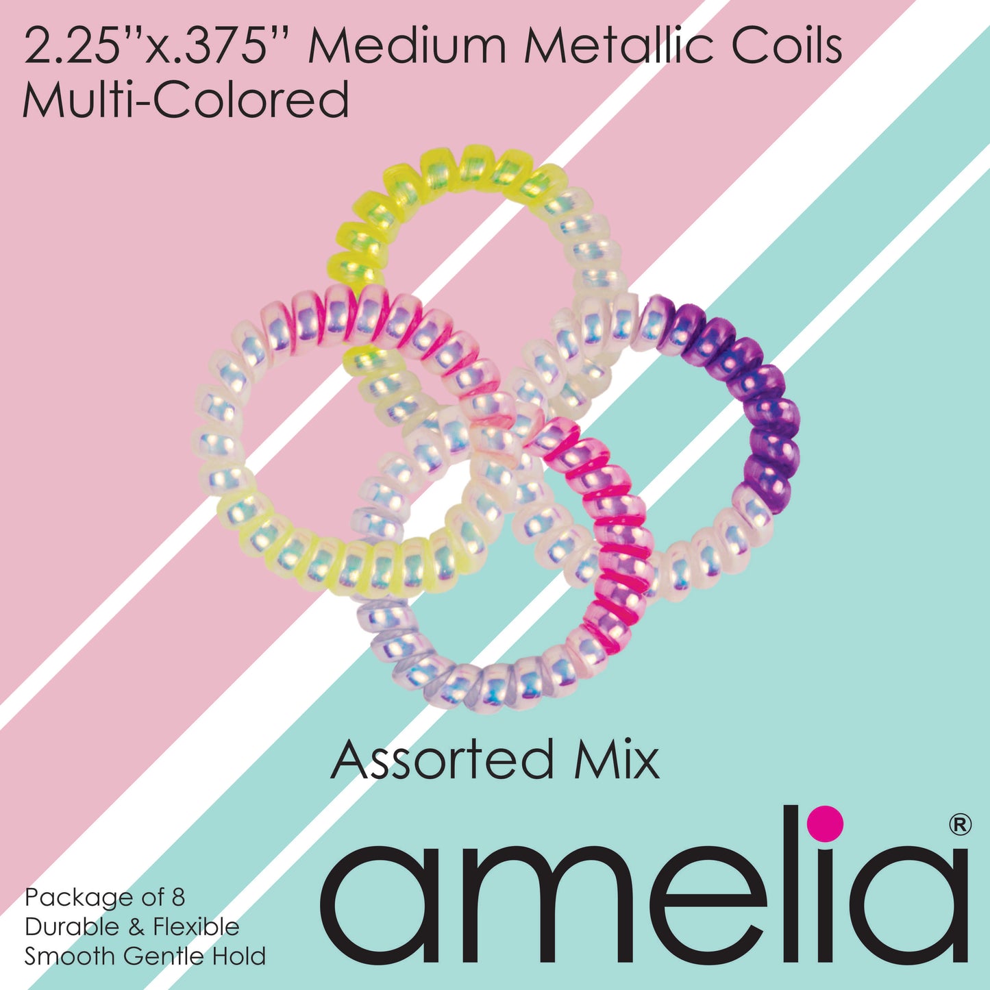 Amelia Beauty Products 8 Medium Smooth Elastic Mutli-Colored Hair Coils, 2.25in Diameter Spiral Hair Ties, Gentle Yet Strong Hold and Minimizes Dents, Assorted Mix