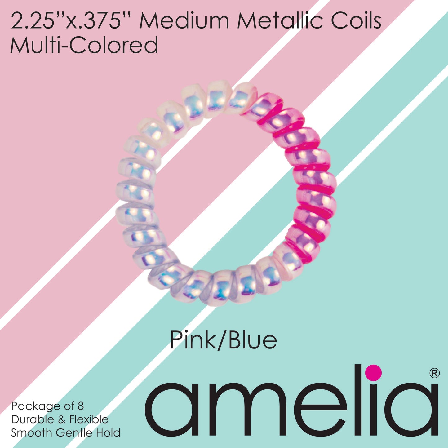 Amelia Beauty Products 8 Medium Smooth Elastic Mutli-Colored Hair Coils, 2.25in Diameter Spiral Hair Ties, Gentle Yet Strong Hold and Minimizes Dents, Pink/Blue