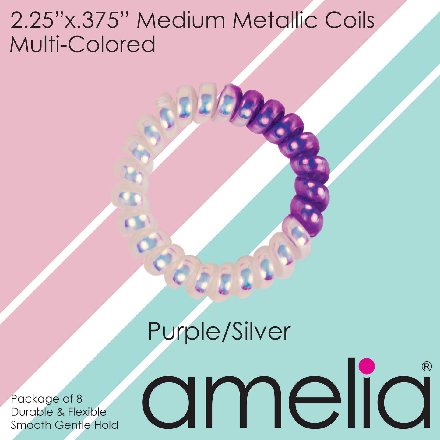 Amelia Beauty Products 8 Medium Smooth Elastic Mutli-Colored Hair Coils, 2.25in Diameter Spiral Hair Ties, Gentle Yet Strong Hold and Minimizes Dents, Purple/Silver