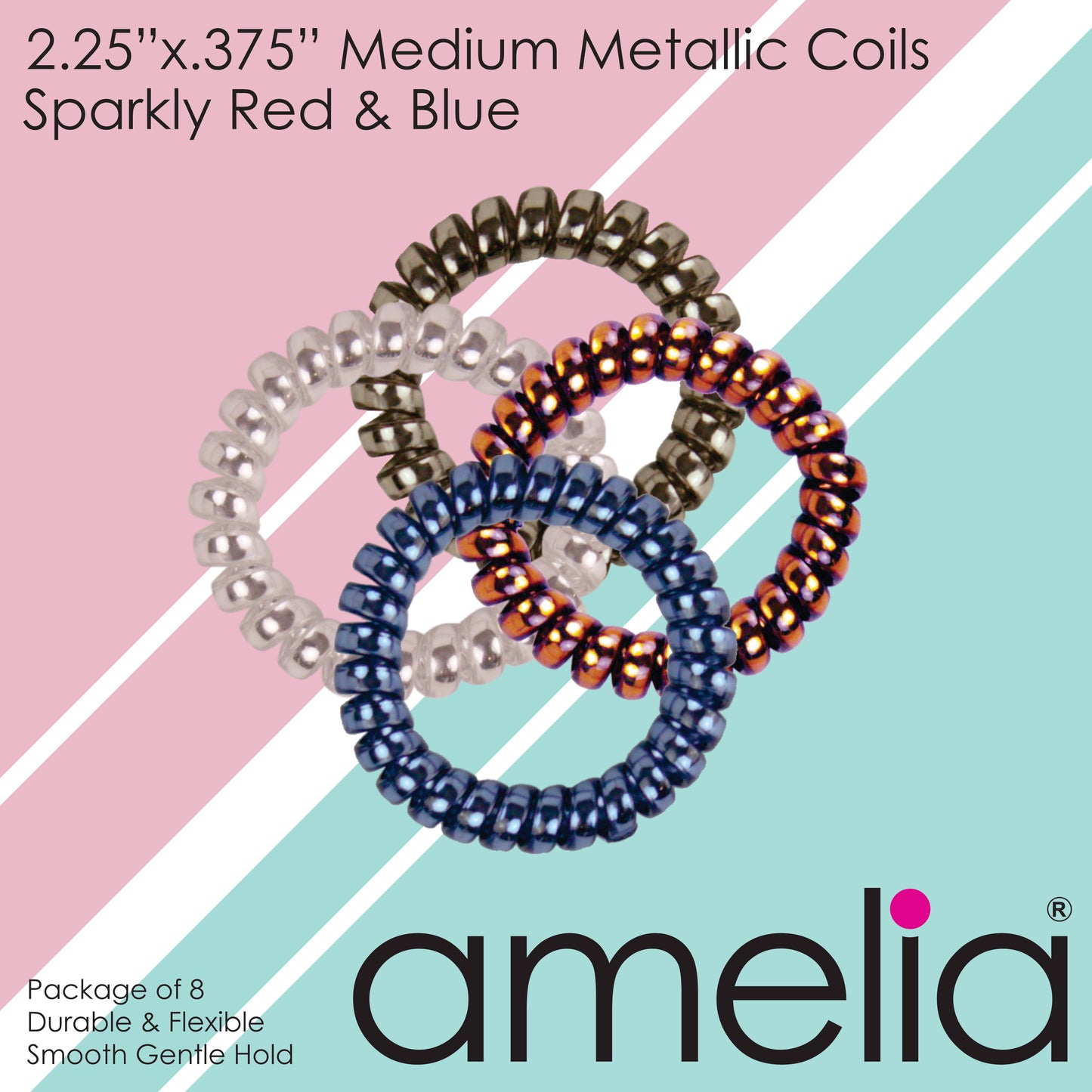 Amelia Beauty Products 8 Medium Smooth Elastic Hair Coils, 2.25in Diameter Spiral Hair Ties, Gentle on Hair, Strong Hold and Minimizes Dents and Creases, Sparkly Red and Blue Mix