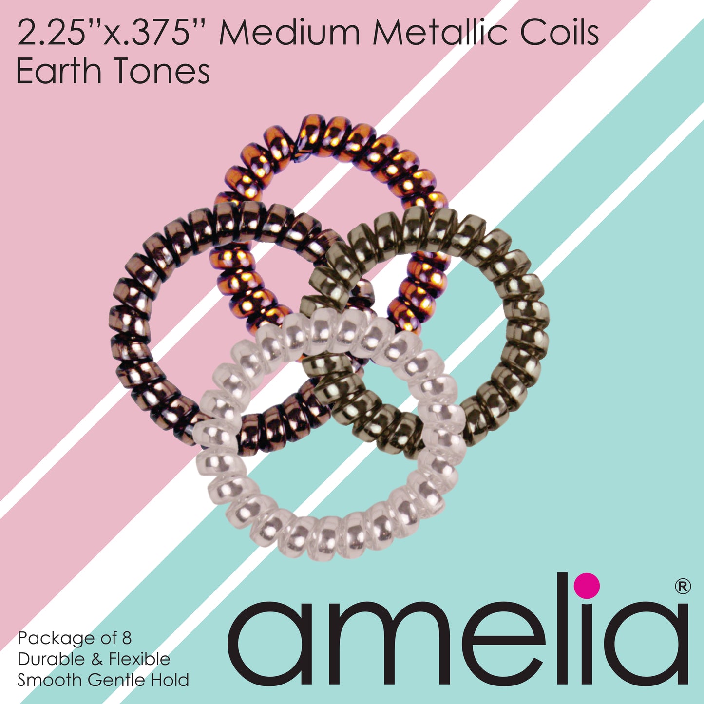 Amelia Beauty Products 8 Medium Smooth Elastic Hair Coils, 2.25in Diameter Spiral Hair Ties, Gentle on Hair, Strong Hold and Minimizes Dents and Creases, Earth Tones