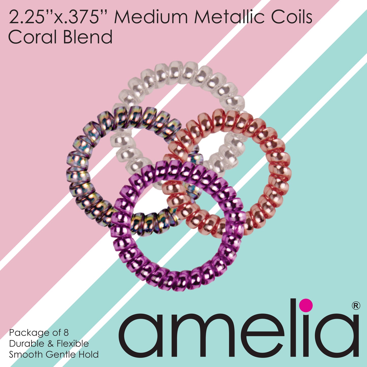 Amelia Beauty Products 8 Medium Smooth Elastic Hair Coils, 2.25in Diameter Spiral Hair Ties, Gentle on Hair, Strong Hold and Minimizes Dents and Creases, Coral Blend