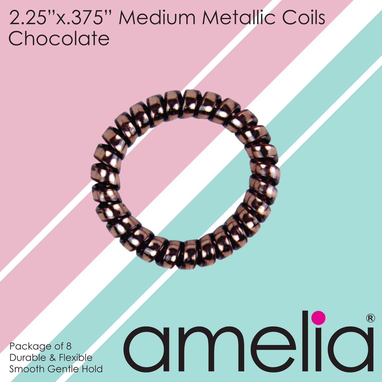 Amelia Beauty Products 8 Medium Smooth Elastic Hair Coils, 2.25in Diameter Spiral Hair Ties, Gentle on Hair, Strong Hold and Minimizes Dents and Creases, Chocolate