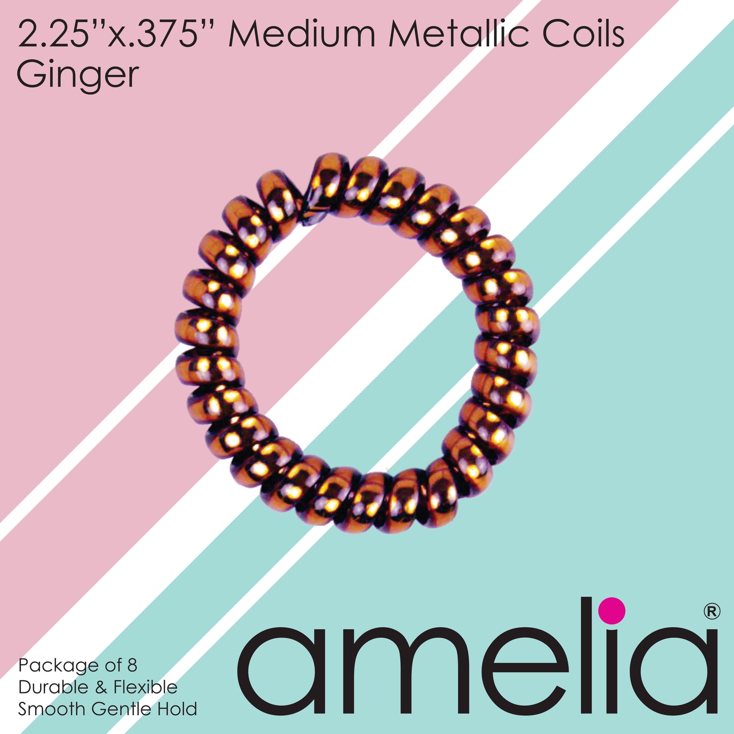 Amelia Beauty Products 8 Medium Smooth Elastic Hair Coils, 2.25in Diameter Spiral Hair Ties, Gentle on Hair, Strong Hold and Minimizes Dents and Creases, Ginger