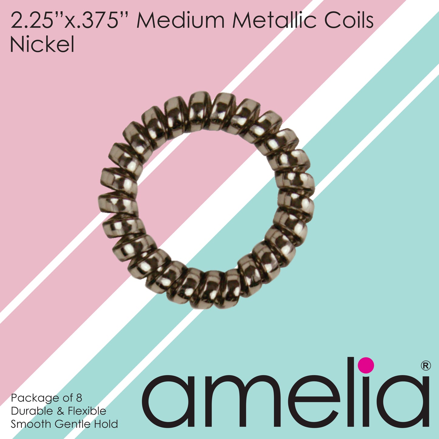 Amelia Beauty Products 8 Medium Smooth Elastic Hair Coils, 2.25in Diameter Spiral Hair Ties, Gentle on Hair, Strong Hold and Minimizes Dents and Creases, Nickel