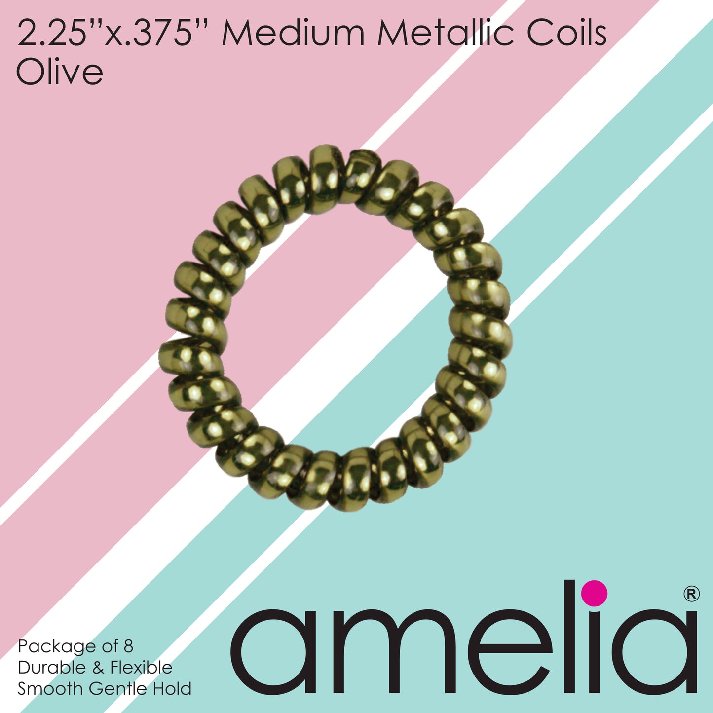 Amelia Beauty Products 8 Medium Smooth Elastic Hair Coils, 2.25in Diameter Spiral Hair Ties, Gentle on Hair, Strong Hold and Minimizes Dents and Creases, Olive