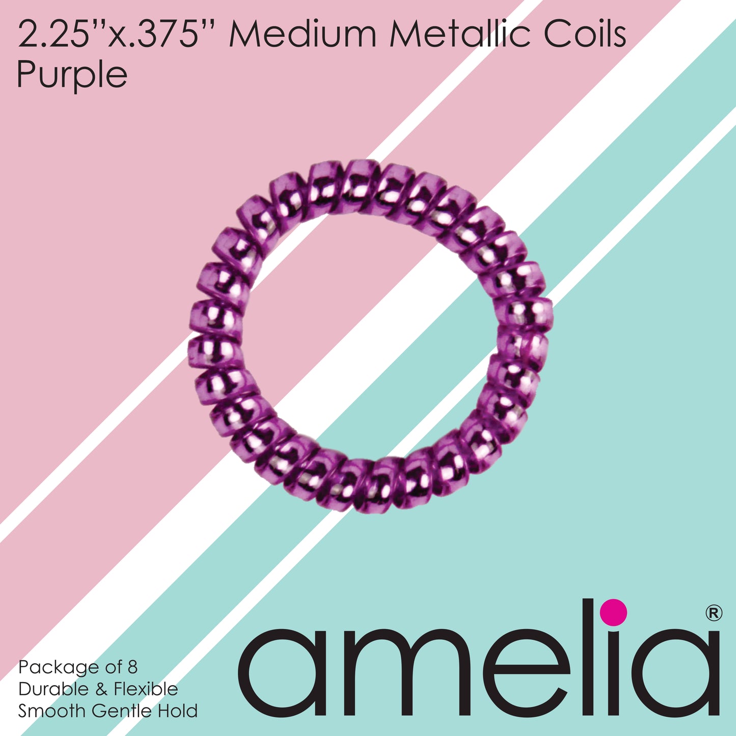 Amelia Beauty Products 8 Medium Smooth Elastic Hair Coils, 2.25in Diameter Spiral Hair Ties, Gentle on Hair, Strong Hold and Minimizes Dents and Creases, Purple
