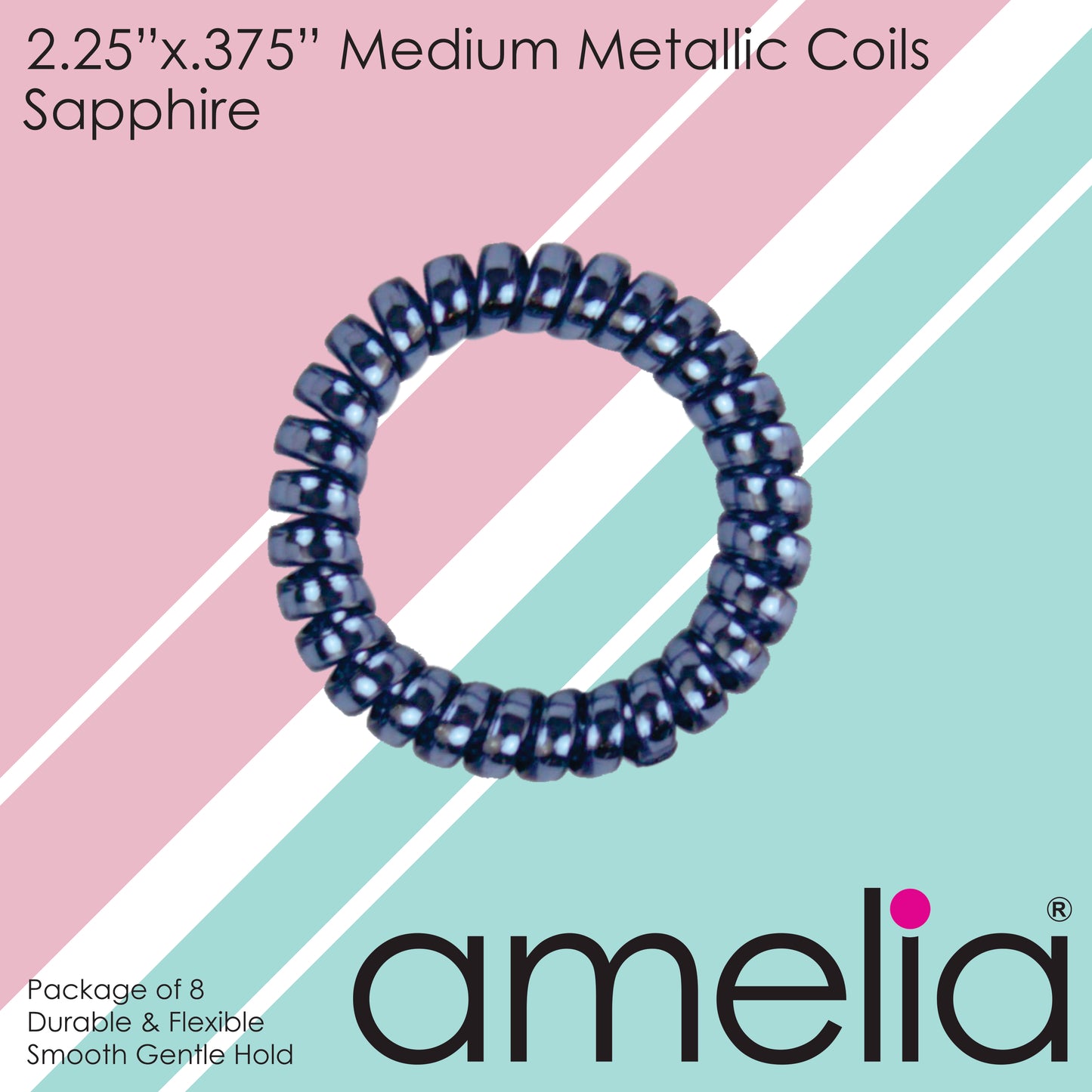 Amelia Beauty Products 8 Medium Smooth Elastic Hair Coils, 2.25in Diameter Spiral Hair Ties, Gentle on Hair, Strong Hold and Minimizes Dents and Creases, Sapphire Blue