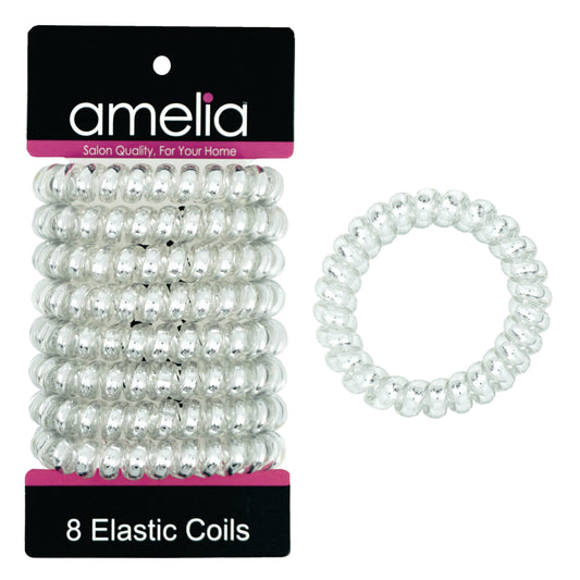 Amelia Beauty Products 8 Large Smooth Shiny Center Elastic Hair Coils, 2. 5in Diameter Thick Spiral Hair Ties, Gentle on Hair, Strong Hold and Minimizes Dents and Creases, Silver