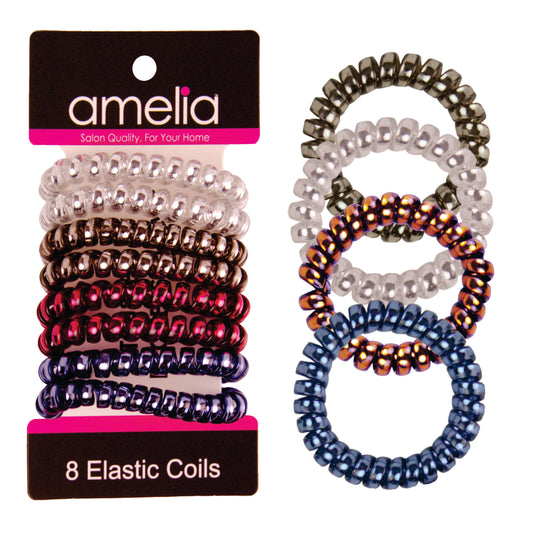 Amelia Beauty Products 8 Medium Smooth Elastic Hair Coils, 2.25in Diameter Spiral Hair Ties, Gentle on Hair, Strong Hold and Minimizes Dents and Creases, Sparkly Red and Blue Mix