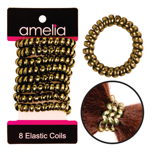 Amelia Beauty Products 8 Medium Smooth Elastic Hair Coils, 2.25in Diameter Spiral Hair Ties, Gentle on Hair, Strong Hold and Minimizes Dents and Creases, Olive