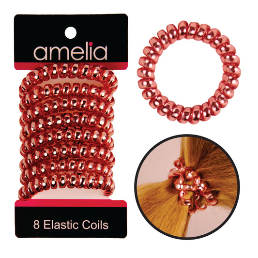 Amelia Beauty Products 8 Medium Smooth Elastic Hair Coils, 2.25in Diameter Spiral Hair Ties, Gentle on Hair, Strong Hold and Minimizes Dents and Creases, Pink