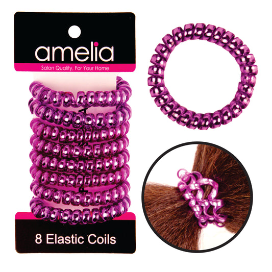 Amelia Beauty Products 8 Medium Smooth Elastic Hair Coils, 2.25in Diameter Spiral Hair Ties, Gentle on Hair, Strong Hold and Minimizes Dents and Creases, Purple