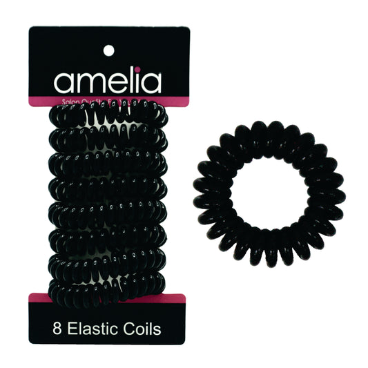 Amelia Beauty Products 8 Small Elastic Hair Coils, 1.5in Diameter Thick Spiral Hair Ties, Gentle on Hair, Strong Hold and Minimizes Dents and Creases, Black