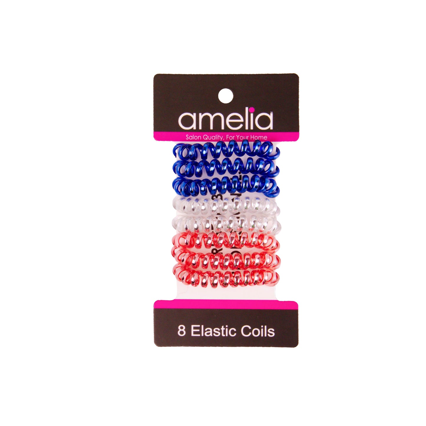 Amelia Beauty, 8 Small Shinny Elastic Hair Telephone Cord Coils, 1.5in Diameter Spiral Hair Ties, Strong Hold, Gentle on Hair, Red, Silver and Blue
