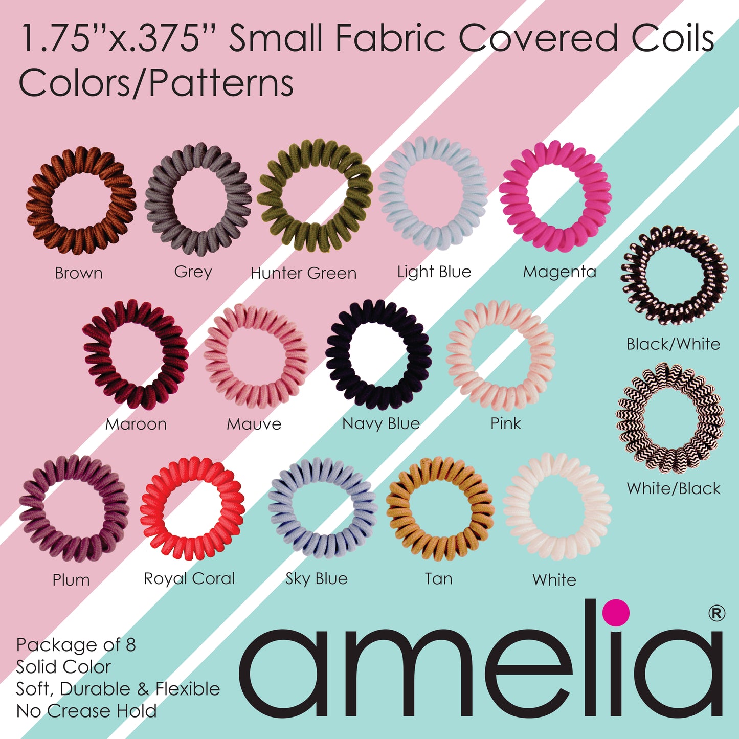 Amelia Beauty, 8 Small Fabric Wrapped Elastic Hair Coils, 1.75in Diameter Spiral Hair Ties, Gentle on Hair, Strong Hold and Minimizes Dents and Creases, Brown