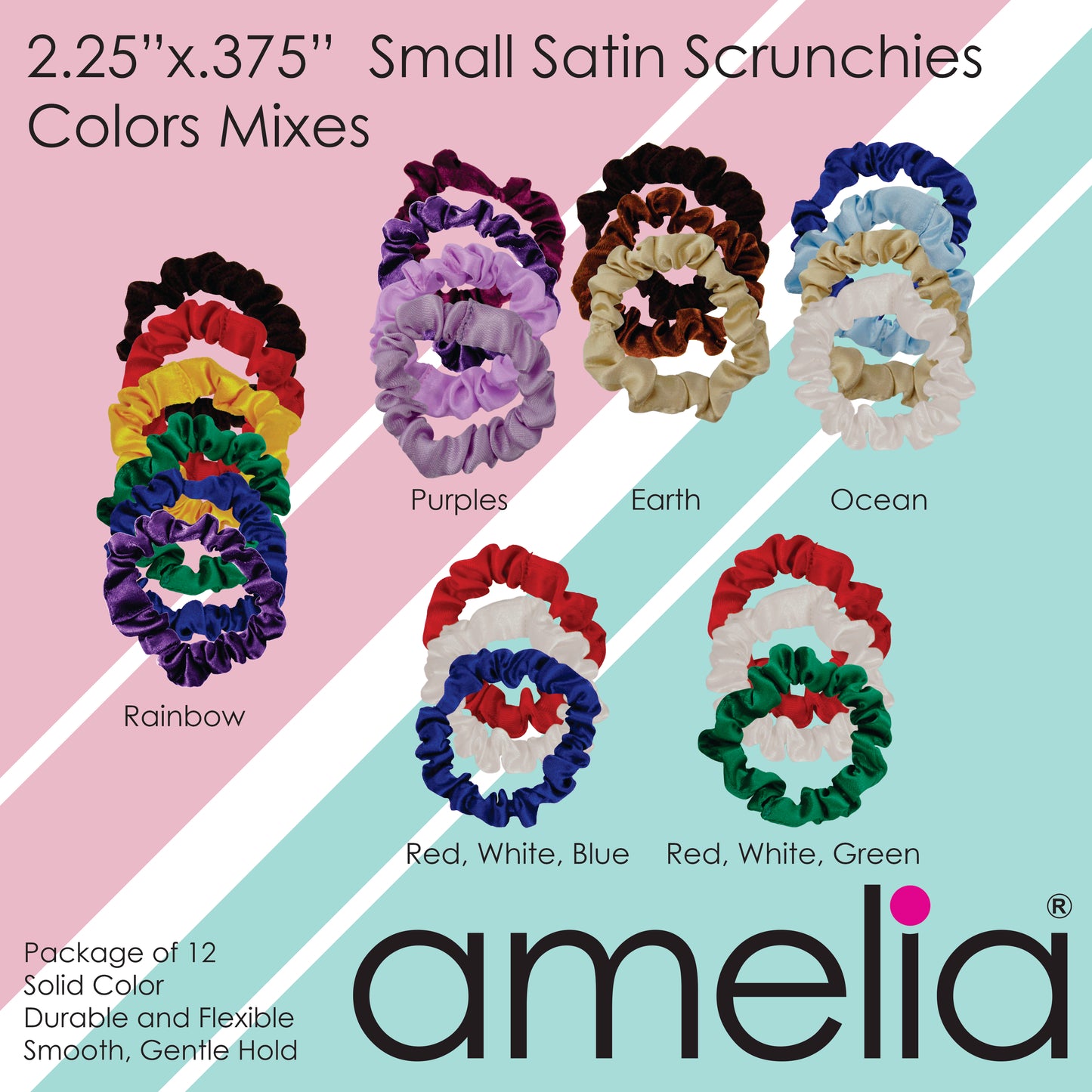Amelia Beauty, Red, White and Green Satin Scrunchies, 2.25in Diameter, Gentle on Hair, Strong Hold, No Snag, No Dents or Creases. 12 Pack
