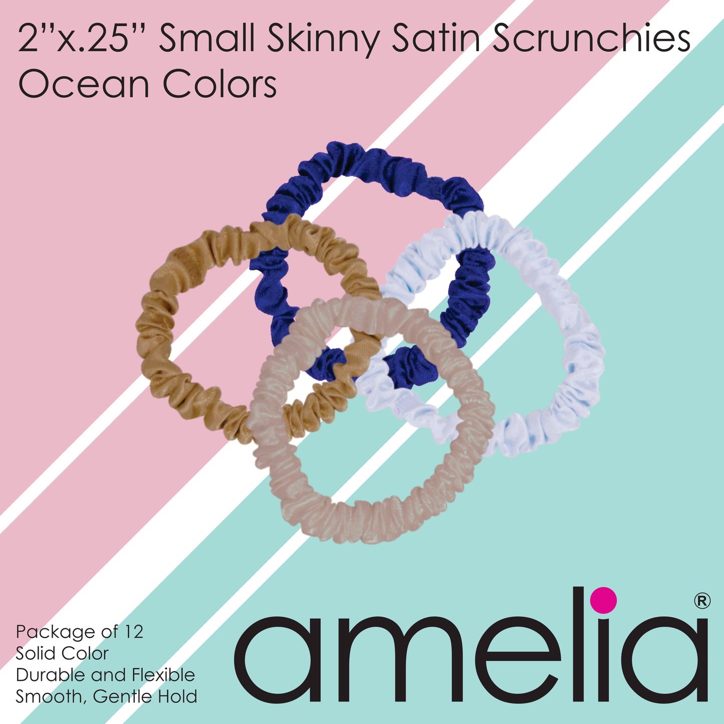 Amelia Beauty, Ocean Mix Skinny Satin Scrunchies, 2in Diameter, Gentle and Strong Hold, No Snag, No Dents or Creases. 12 Pack
