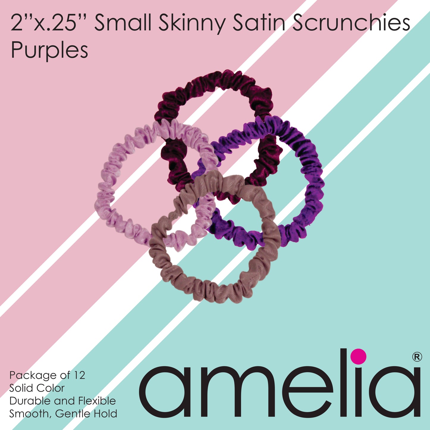 Amelia Beauty, Purple Blend Skinny Satin Scrunchies, 2in Diameter, Gentle and Strong Hold, No Snag, No Dents or Creases. 12 Pack