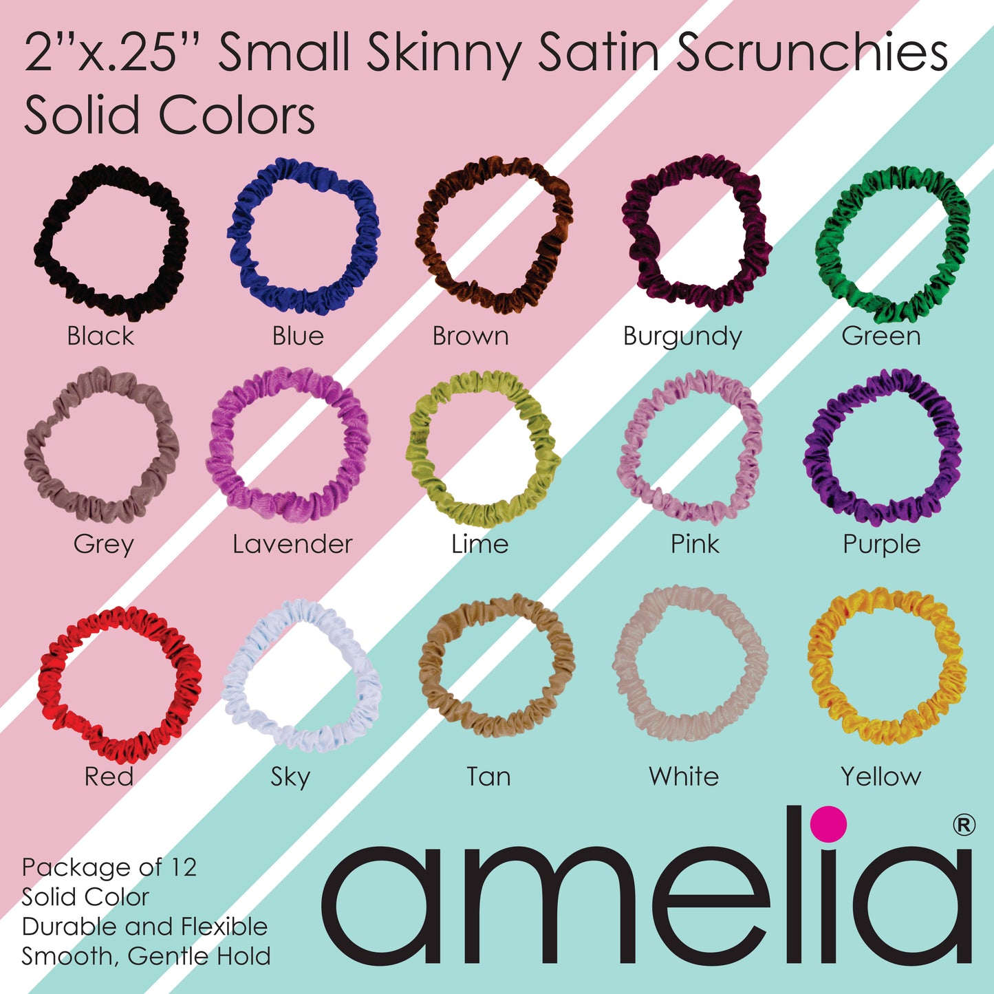 Amelia Beauty, Black Skinny Satin Scrunchies, 2in Diameter, Gentle and Strong Hold, No Snag, No Dents or Creases. 12 Pack