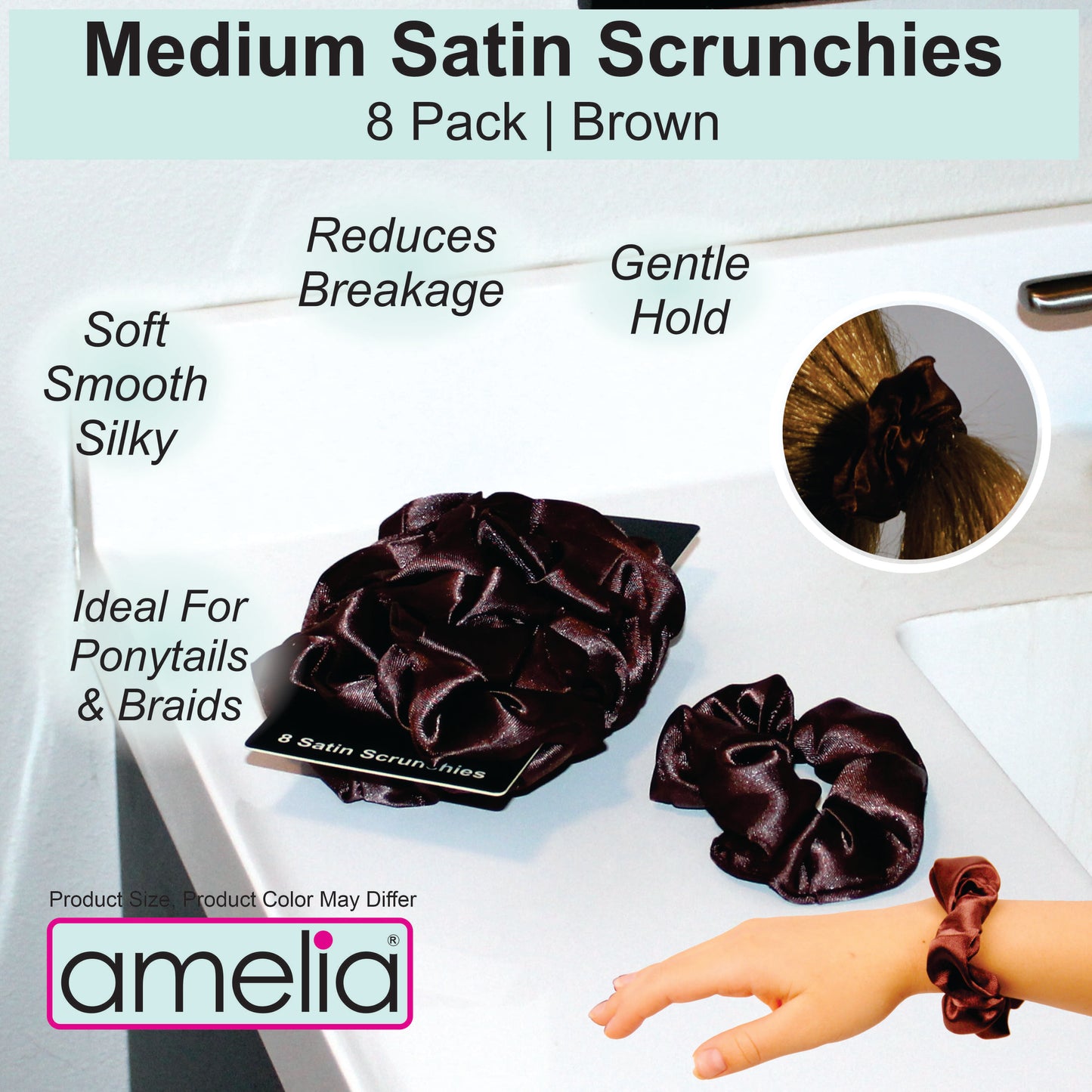 Amelia Beauty Products, Brown Satin Scrunchies, 3.5in Diameter, Gentle on Hair, Strong Hold, No Snag, No Dents or Creases. 8 Pack