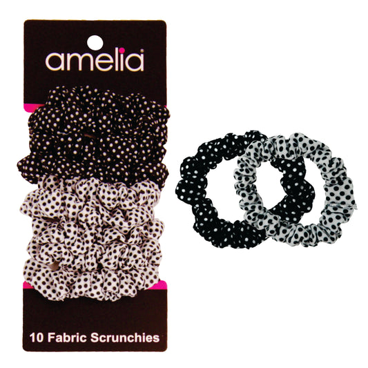Amelia Beauty, Medium Black White Dot Mix Jersey Scrunchies, 2.5in Diameter, Gentle on Hair, Strong Hold, No Snag, No Dents or Creases. 10 Pack