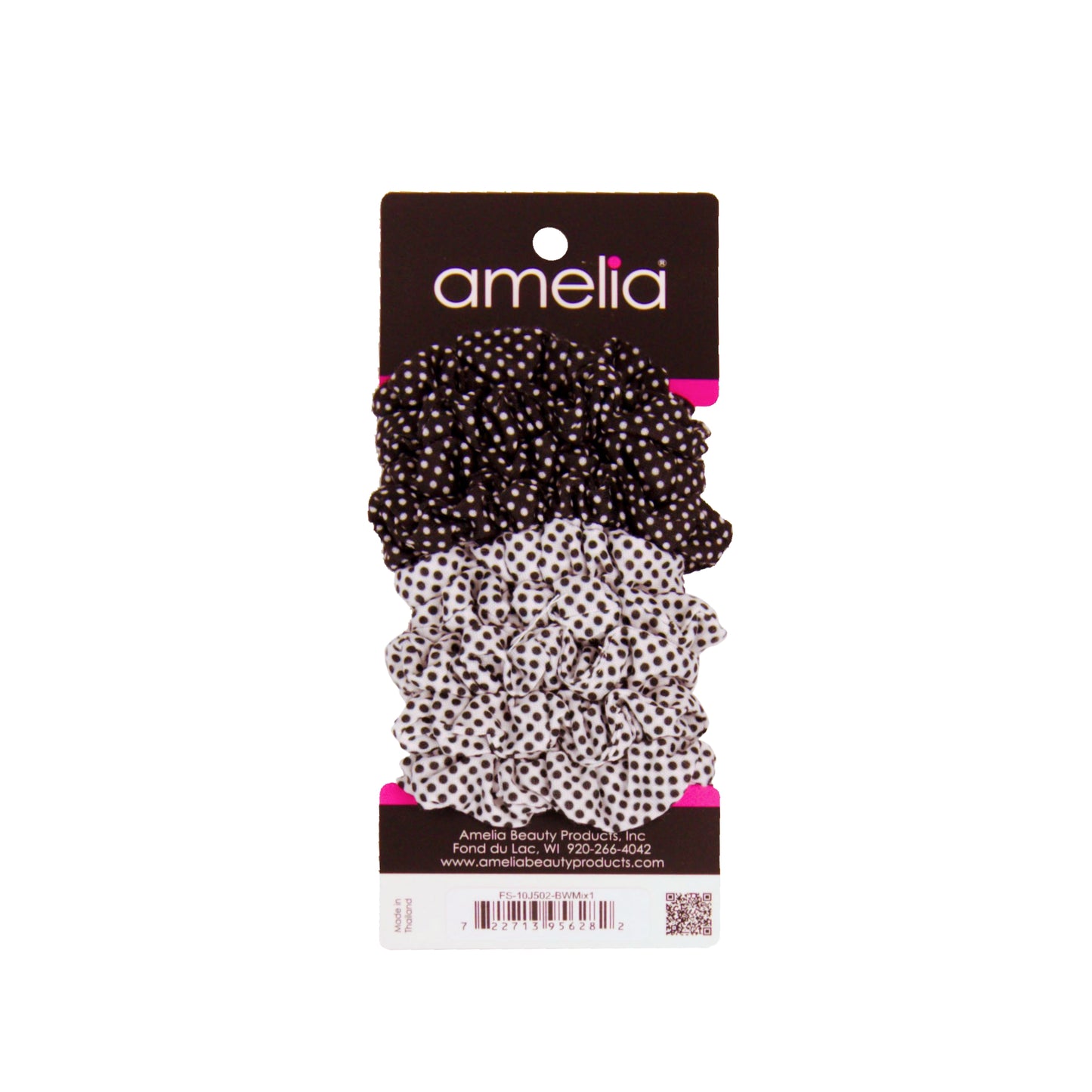 Amelia Beauty, Medium Black White Dot Mix Jersey Scrunchies, 2.5in Diameter, Gentle on Hair, Strong Hold, No Snag, No Dents or Creases. 10 Pack