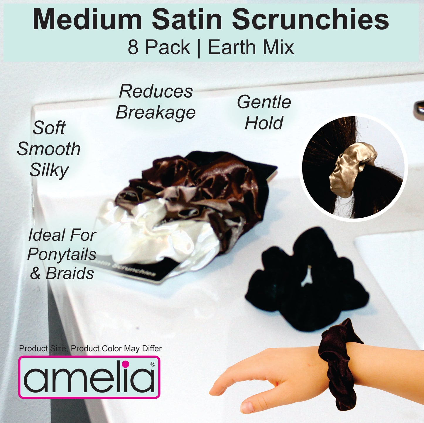 Amelia Beauty Products,  Earth Blend Satin Scrunchies, 3.5in Diameter, Gentle on Hair, Strong Hold, No Snag, No Dents or Creases. 8 Pack