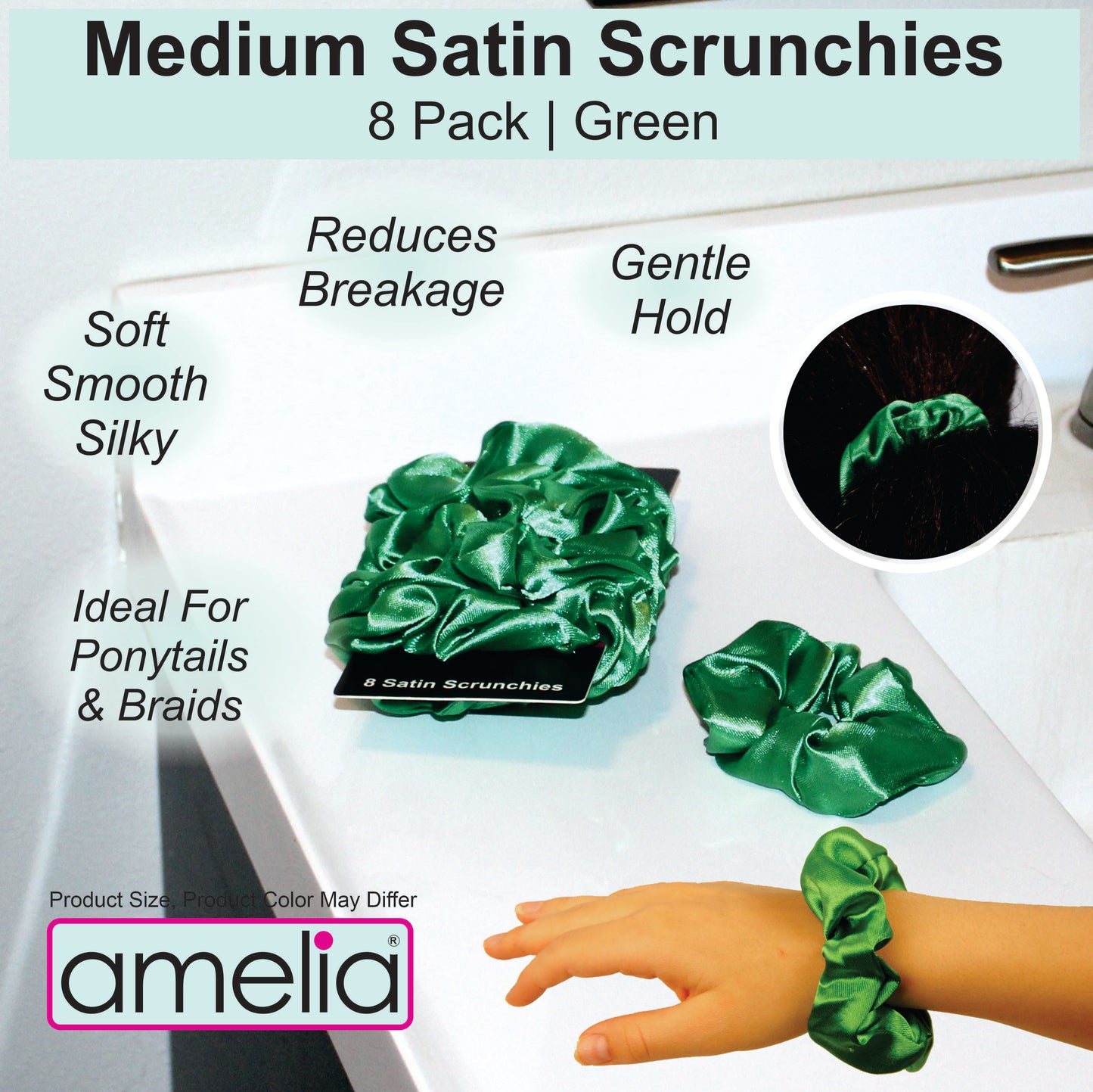 Amelia Beauty Products, Green Satin Scrunchies, 3.5in Diameter, Gentle on Hair, Strong Hold, No Snag, No Dents or Creases. 8 Pack