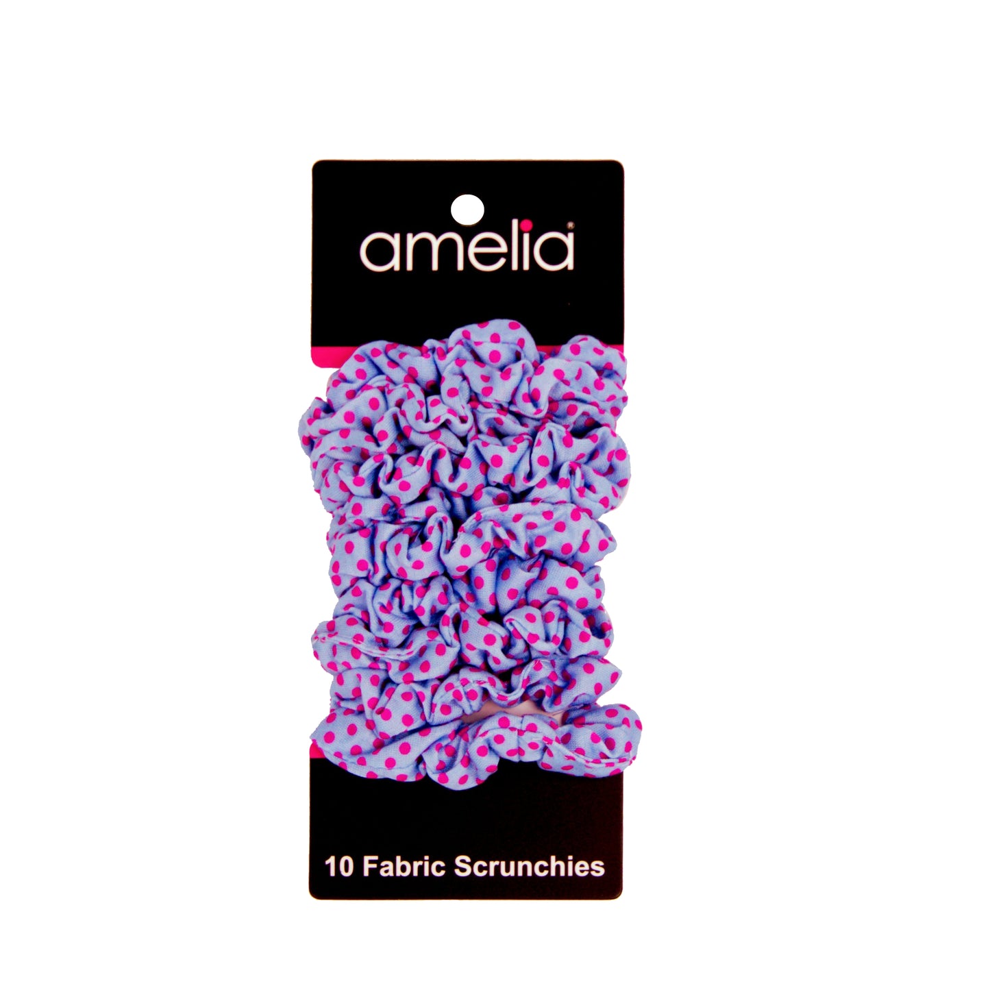 Amelia Beauty, Medium Pink Blue Dot Jersey Scrunchies, 2.5in Diameter, Gentle on Hair, Strong Hold, No Snag, No Dents or Creases. 10 Pack