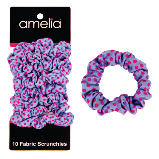 Amelia Beauty, Medium Pink Blue Dot Jersey Scrunchies, 2.5in Diameter, Gentle on Hair, Strong Hold, No Snag, No Dents or Creases. 10 Pack